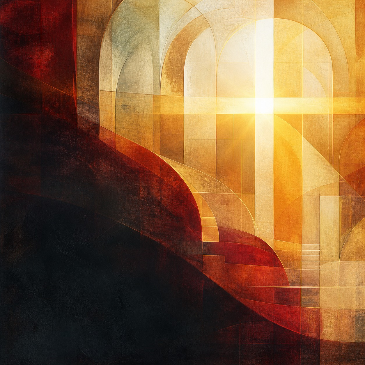 Warm abstract artwork centred on a luminous cross